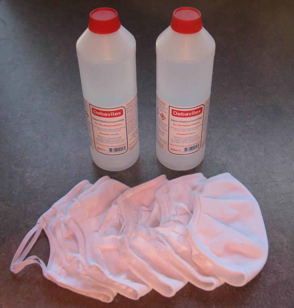 Bild des Artikels Set 5 Mund - Nasen - Masken Gummibund waschbar 2 Handdesinfektion a. 500 ml